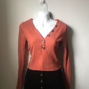 Ribbed orange button V neck top